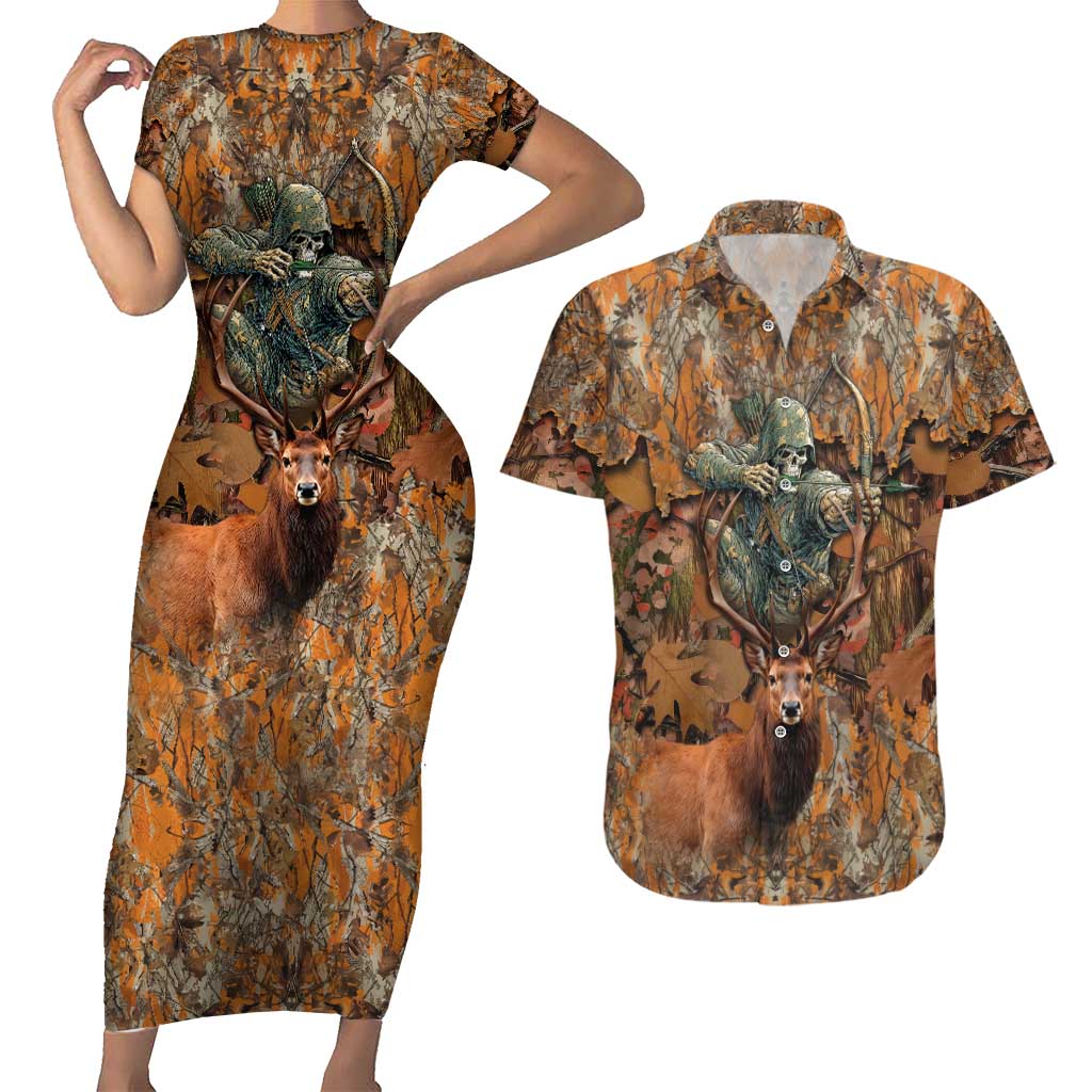 Custom Deer Hunting Couples Matching Short Sleeve Bodycon Dress and Hawaiian Shirt Big Game Camo Forest Design and Skeleton Archer - Wonder Print Shop