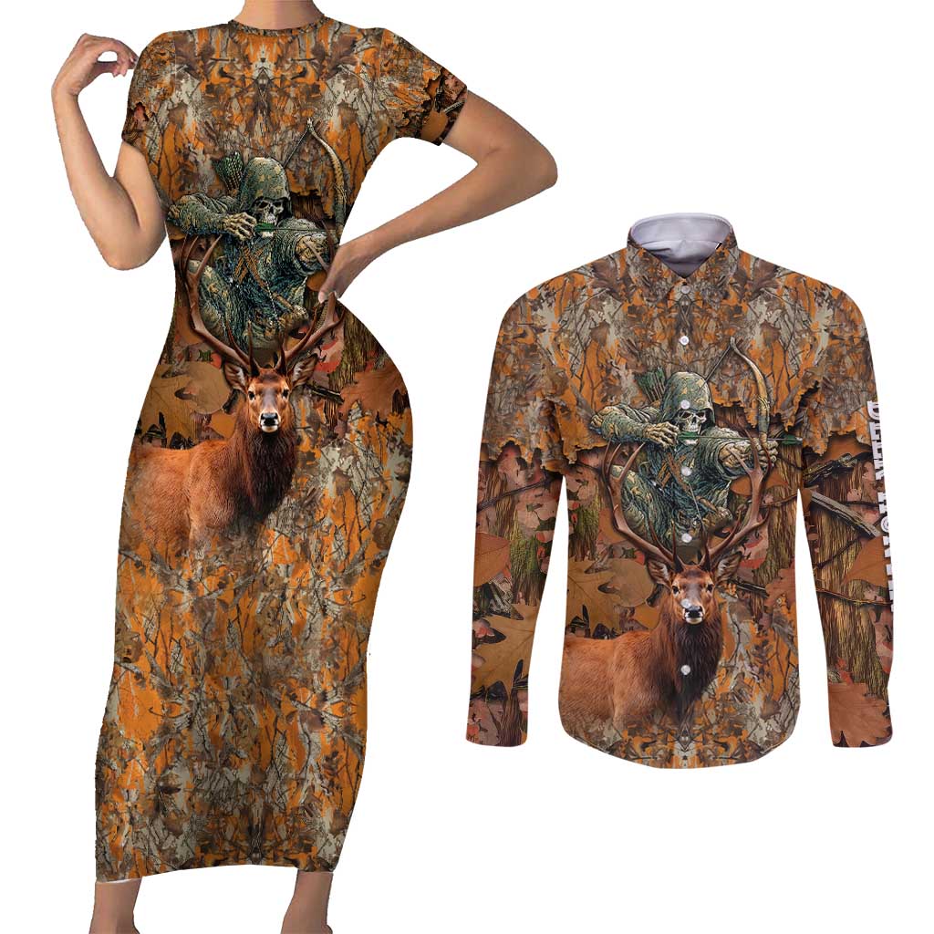Custom Deer Hunting Couples Matching Short Sleeve Bodycon Dress and Long Sleeve Button Shirt Big Game Camo Forest Design and Skeleton Archer - Wonder Print Shop