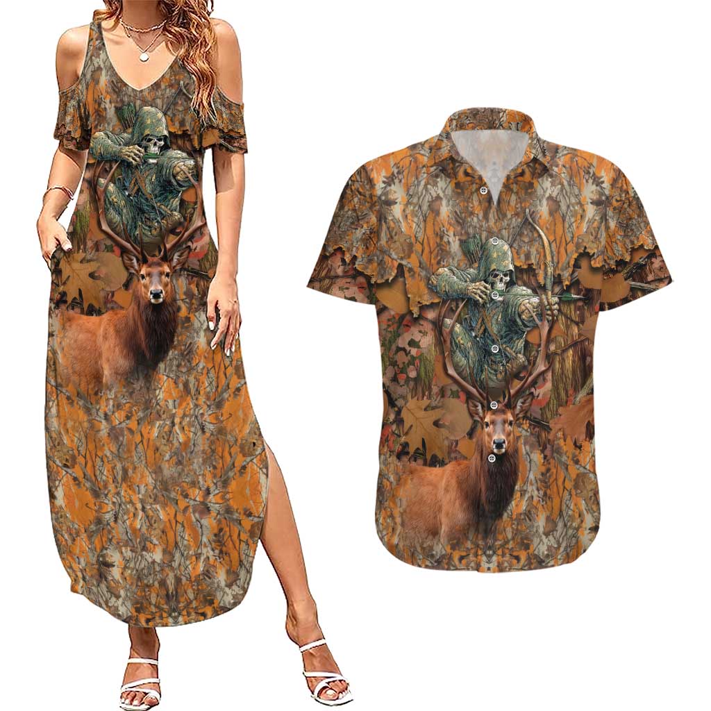 Custom Deer Hunting Couples Matching Summer Maxi Dress and Hawaiian Shirt Big Game Camo Forest Design and Skeleton Archer - Wonder Print Shop