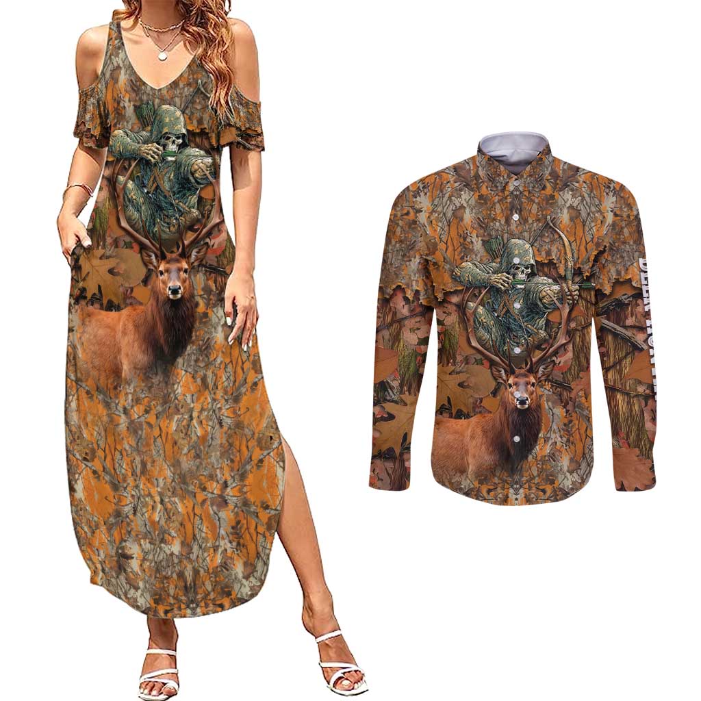 Custom Deer Hunting Couples Matching Summer Maxi Dress and Long Sleeve Button Shirt Big Game Camo Forest Design and Skeleton Archer - Wonder Print Shop