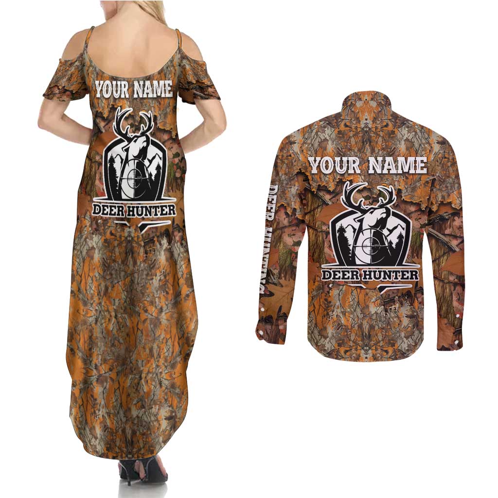 Custom Deer Hunting Couples Matching Summer Maxi Dress and Long Sleeve Button Shirt Big Game Camo Forest Design and Skeleton Archer - Wonder Print Shop