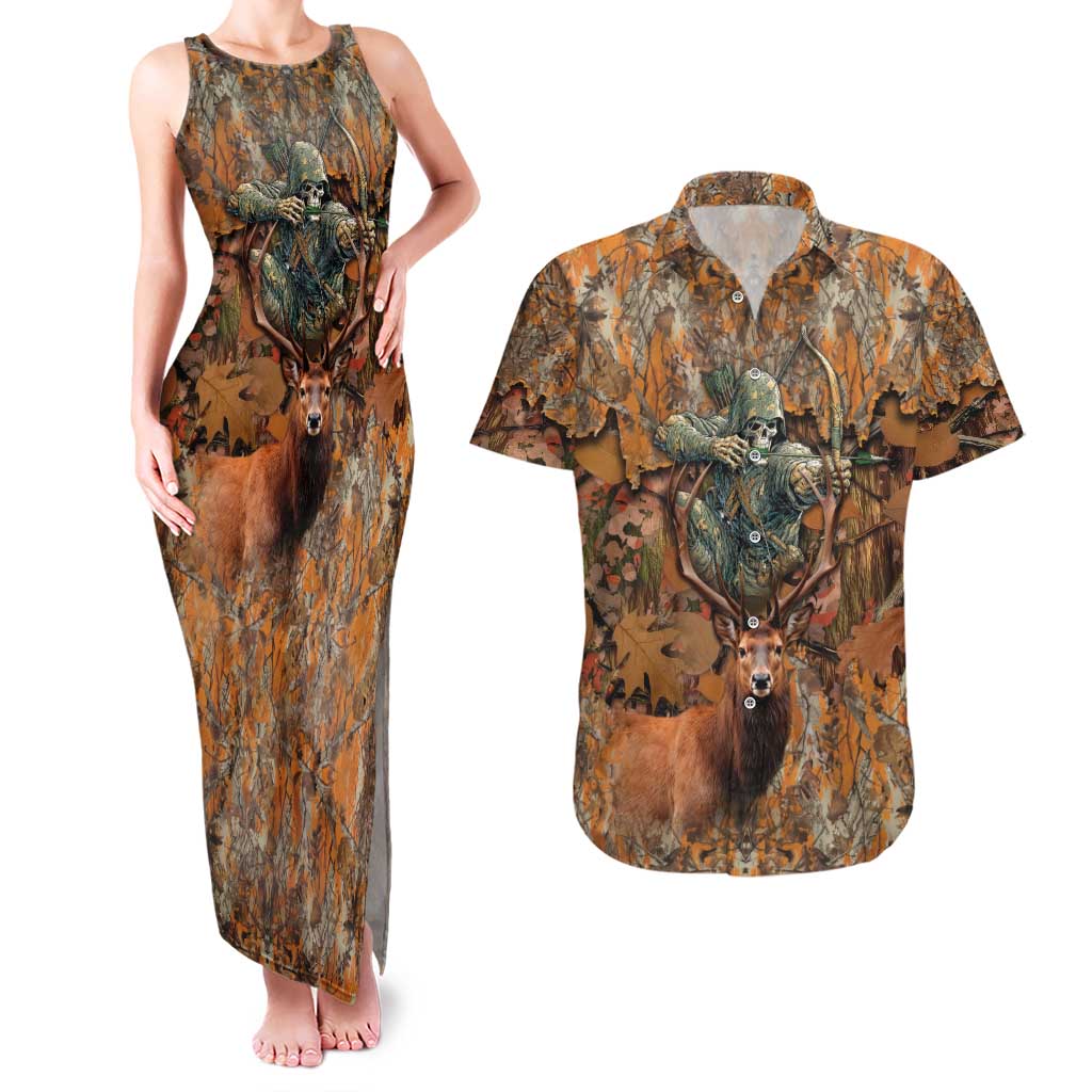 Custom Deer Hunting Couples Matching Tank Maxi Dress and Hawaiian Shirt Big Game Camo Forest Design and Skeleton Archer - Wonder Print Shop