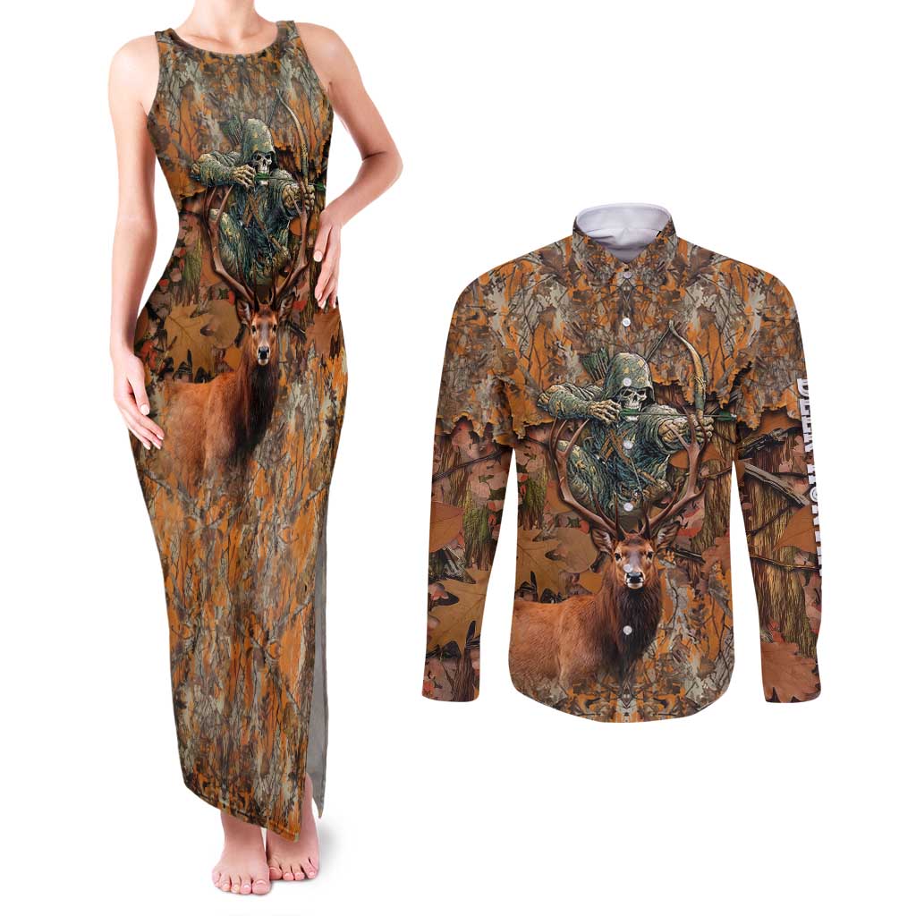 Custom Deer Hunting Couples Matching Tank Maxi Dress and Long Sleeve Button Shirt Big Game Camo Forest Design and Skeleton Archer - Wonder Print Shop