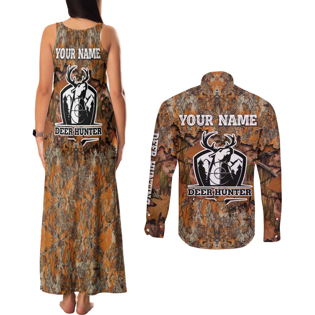 Custom Deer Hunting Couples Matching Tank Maxi Dress and Long Sleeve Button Shirt Big Game Camo Forest Design and Skeleton Archer - Wonder Print Shop