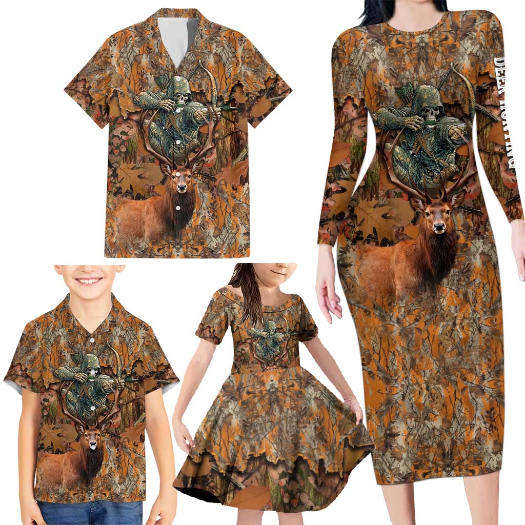 Custom Deer Hunting Family Matching Long Sleeve Bodycon Dress and Hawaiian Shirt Big Game Camo Forest Design and Skeleton Archer - Wonder Print Shop