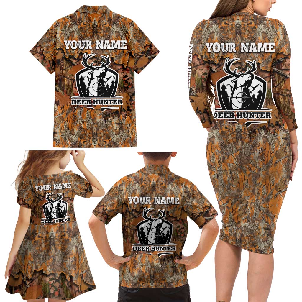Custom Deer Hunting Family Matching Long Sleeve Bodycon Dress and Hawaiian Shirt Big Game Camo Forest Design and Skeleton Archer - Wonder Print Shop