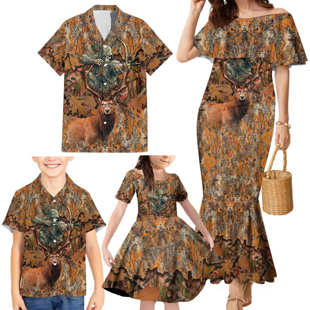 Custom Deer Hunting Family Matching Mermaid Dress and Hawaiian Shirt Big Game Camo Forest Design and Skeleton Archer - Wonder Print Shop