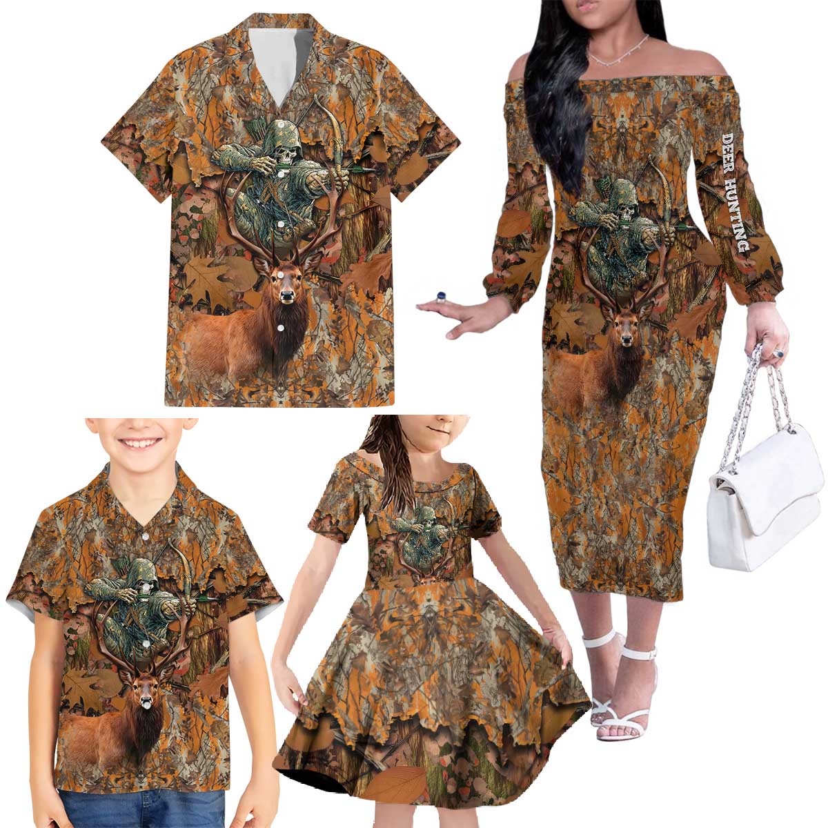 Custom Deer Hunting Family Matching Off The Shoulder Long Sleeve Dress and Hawaiian Shirt Big Game Camo Forest Design and Skeleton Archer - Wonder Print Shop