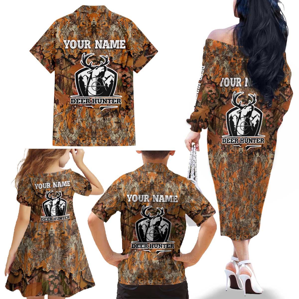Custom Deer Hunting Family Matching Off The Shoulder Long Sleeve Dress and Hawaiian Shirt Big Game Camo Forest Design and Skeleton Archer - Wonder Print Shop