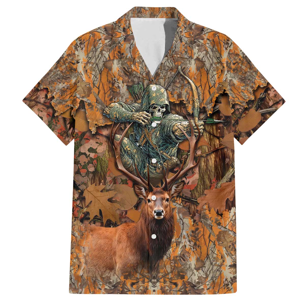 Custom Deer Hunting Family Matching Off The Shoulder Long Sleeve Dress and Hawaiian Shirt Big Game Camo Forest Design and Skeleton Archer - Wonder Print Shop