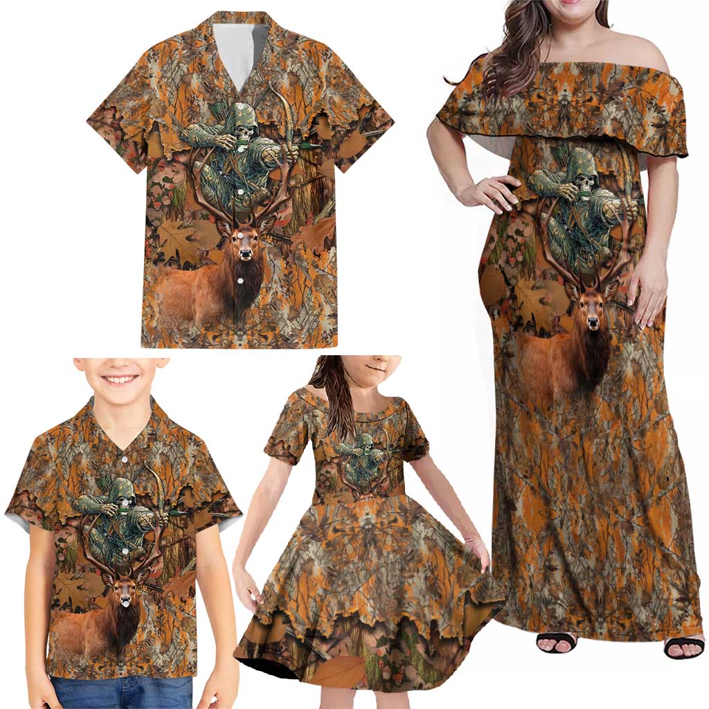 Custom Deer Hunting Family Matching Off Shoulder Maxi Dress and Hawaiian Shirt Big Game Camo Forest Design and Skeleton Archer - Wonder Print Shop