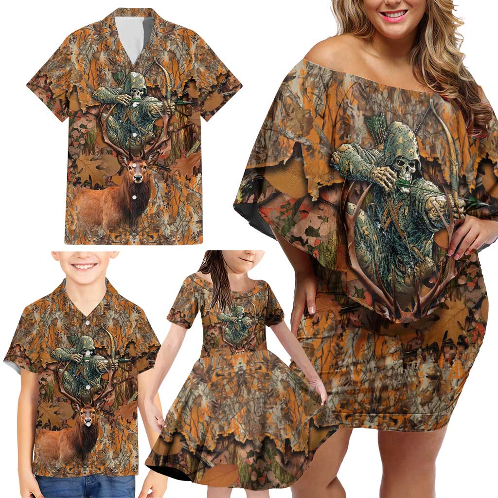 Custom Deer Hunting Family Matching Off Shoulder Short Dress and Hawaiian Shirt Big Game Camo Forest Design and Skeleton Archer - Wonder Print Shop