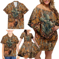 Custom Deer Hunting Family Matching Off Shoulder Short Dress and Hawaiian Shirt Big Game Camo Forest Design and Skeleton Archer - Wonder Print Shop