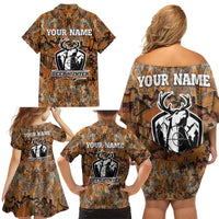 Custom Deer Hunting Family Matching Off Shoulder Short Dress and Hawaiian Shirt Big Game Camo Forest Design and Skeleton Archer - Wonder Print Shop