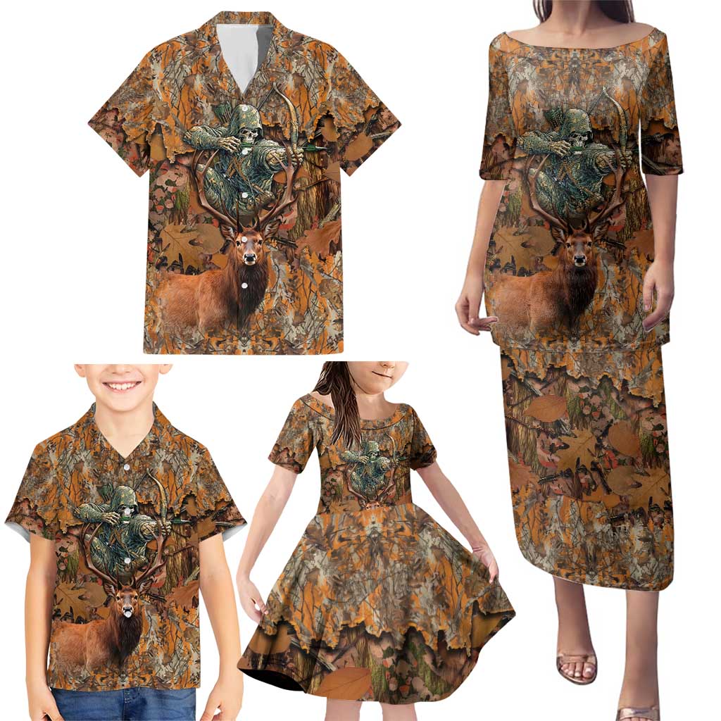Custom Deer Hunting Family Matching Puletasi and Hawaiian Shirt Big Game Camo Forest Design and Skeleton Archer - Wonder Print Shop