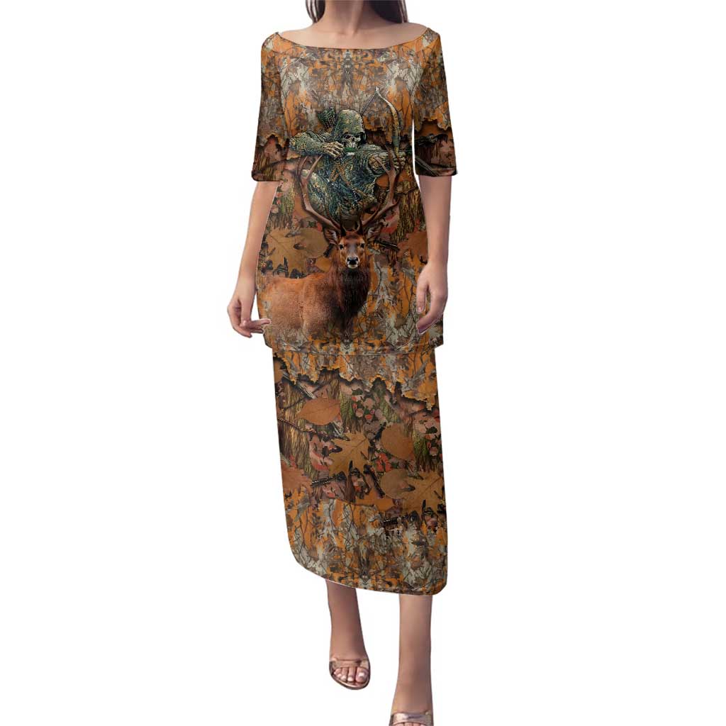 Custom Deer Hunting Family Matching Puletasi and Hawaiian Shirt Big Game Camo Forest Design and Skeleton Archer - Wonder Print Shop