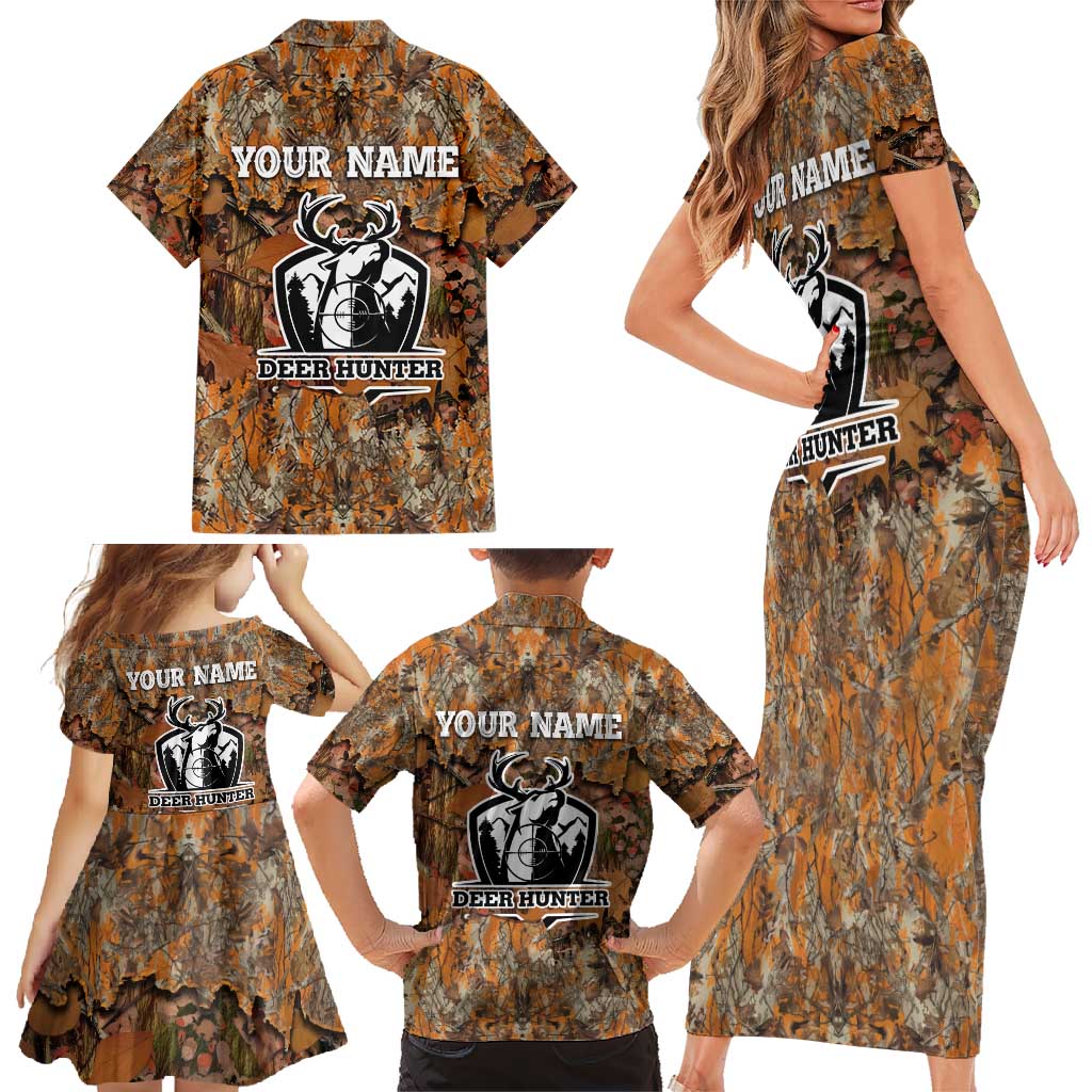 Custom Deer Hunting Family Matching Short Sleeve Bodycon Dress and Hawaiian Shirt Big Game Camo Forest Design and Skeleton Archer - Wonder Print Shop
