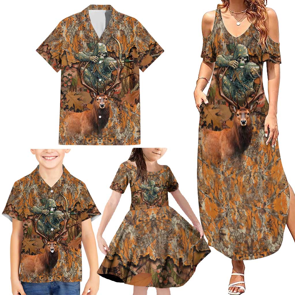 Custom Deer Hunting Family Matching Summer Maxi Dress and Hawaiian Shirt Big Game Camo Forest Design and Skeleton Archer - Wonder Print Shop
