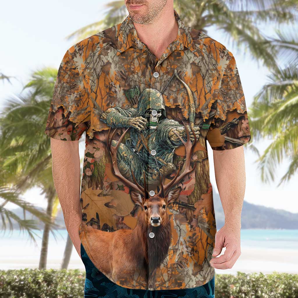 Custom Deer Hunting Hawaiian Shirt Big Game Camo Forest Design and Skeleton Archer - Wonder Print Shop