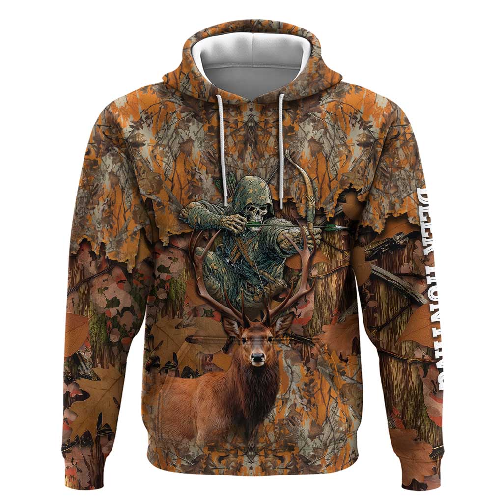 Custom Deer Hunting Hoodie Big Game Camo Forest Design and Skeleton Archer - Wonder Print Shop