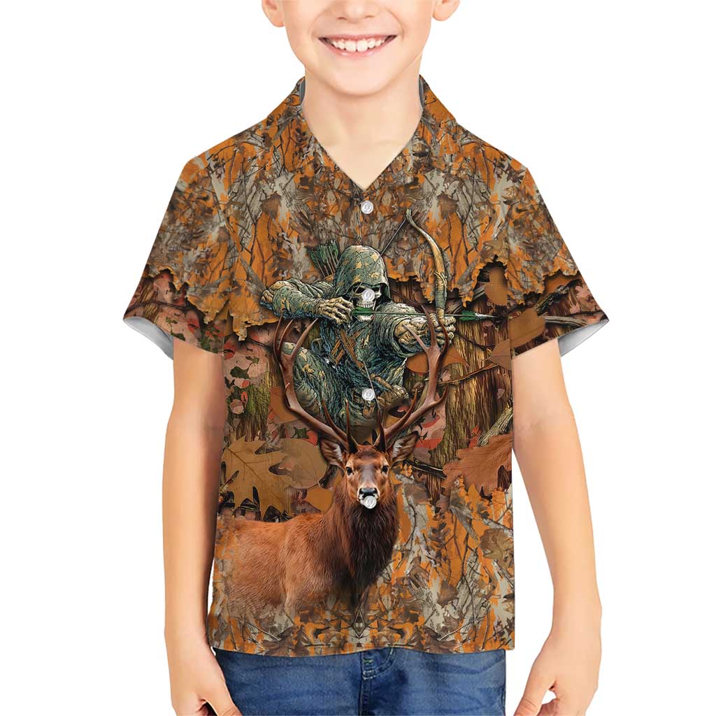 Custom Deer Hunting Kid Hawaiian Shirt Big Game Camo Forest Design and Skeleton Archer - Wonder Print Shop