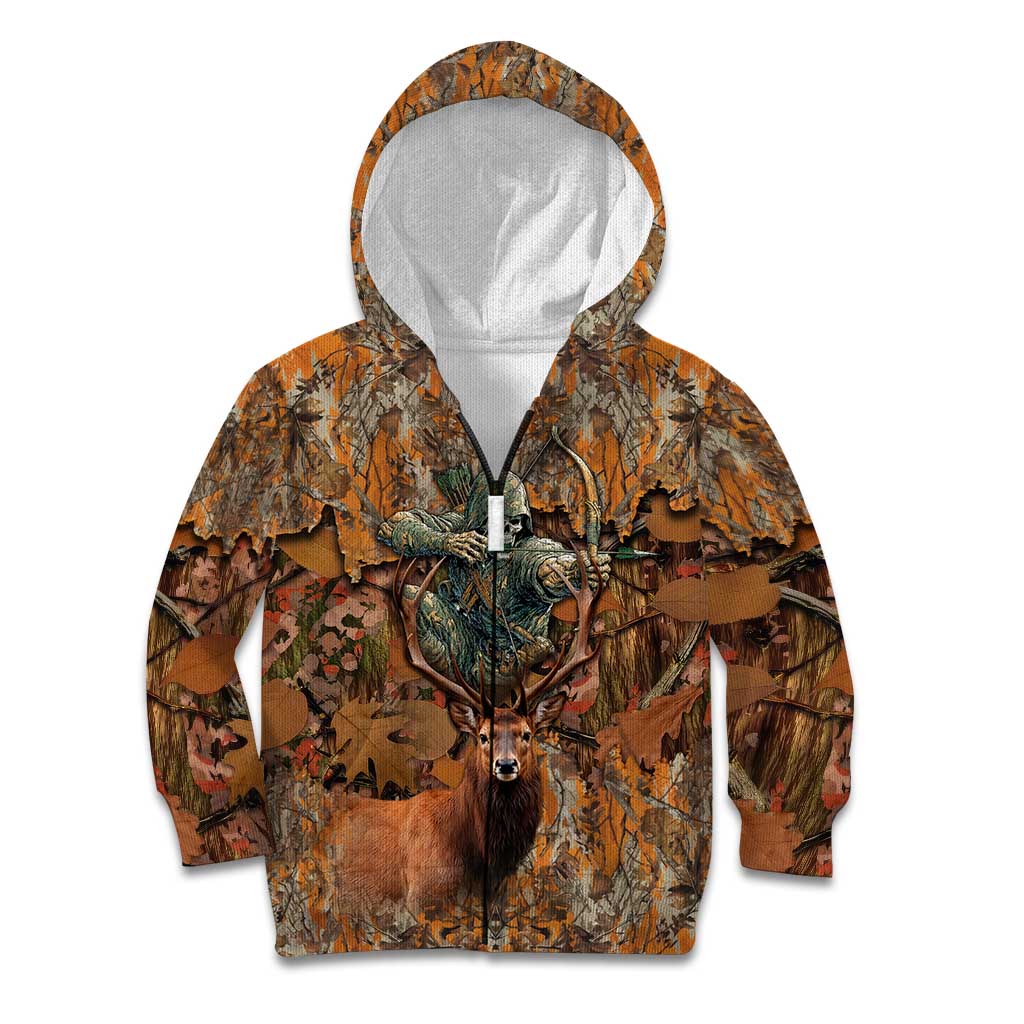 Custom Deer Hunting Kid Hoodie Big Game Camo Forest Design and Skeleton Archer - Wonder Print Shop