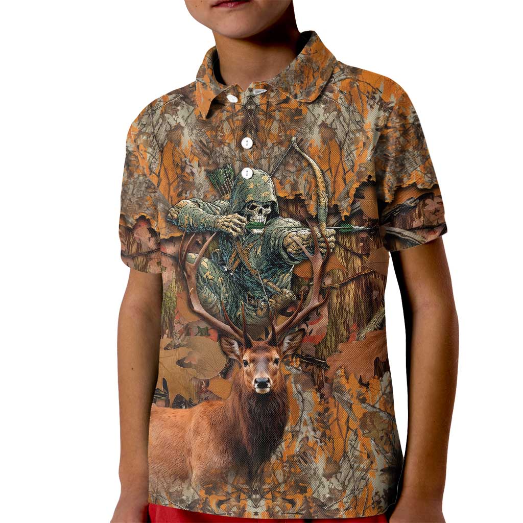 Custom Deer Hunting Kid Polo Shirt Big Game Camo Forest Design and Skeleton Archer - Wonder Print Shop