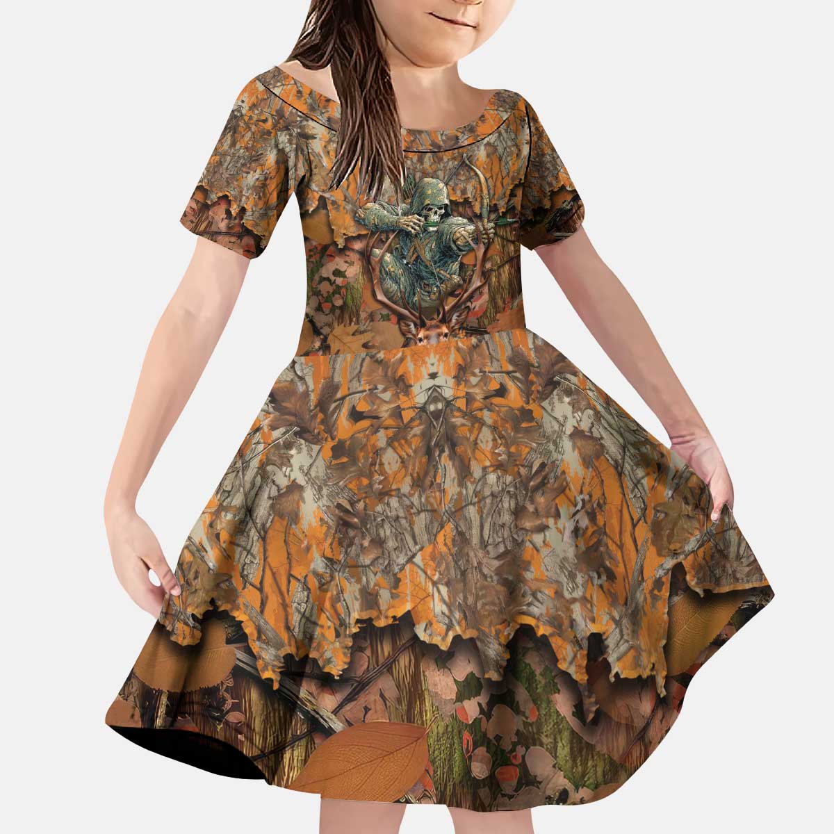 Custom Deer Hunting Kid Short Sleeve Dress Big Game Camo Forest Design and Skeleton Archer - Wonder Print Shop