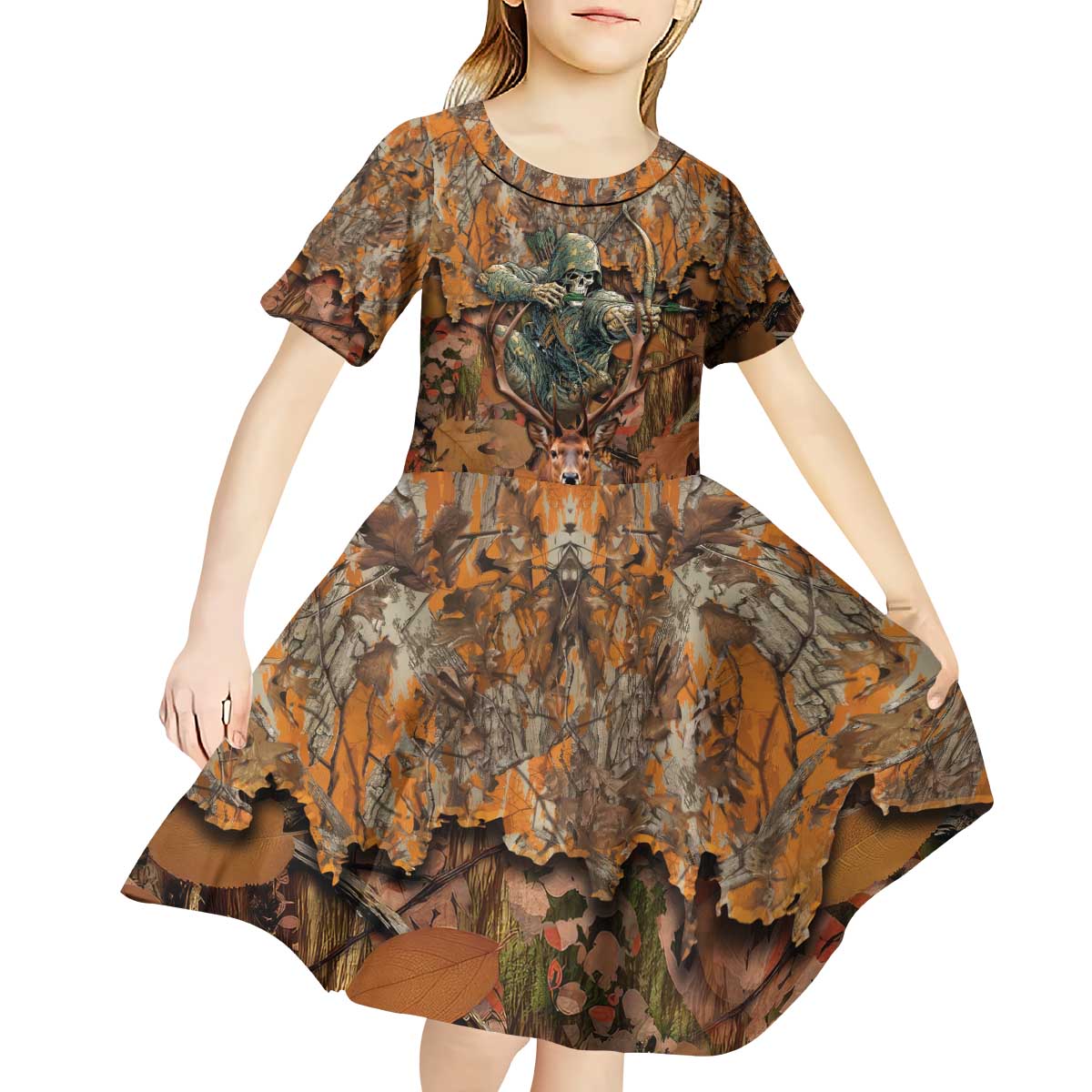 Custom Deer Hunting Kid Short Sleeve Dress Big Game Camo Forest Design and Skeleton Archer - Wonder Print Shop