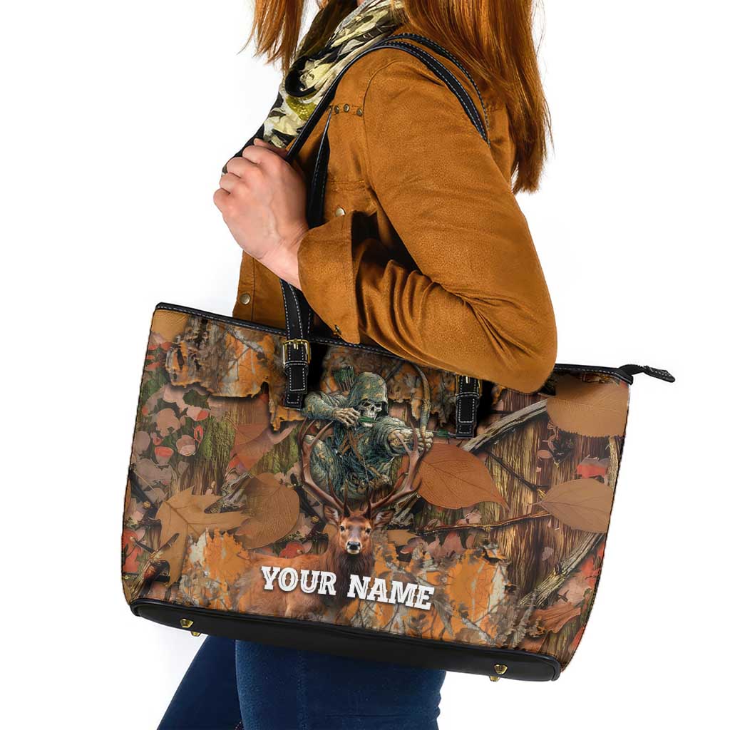 Custom Deer Hunting Leather Tote Bag Big Game Camo Forest Design and Skeleton Archer - Wonder Print Shop