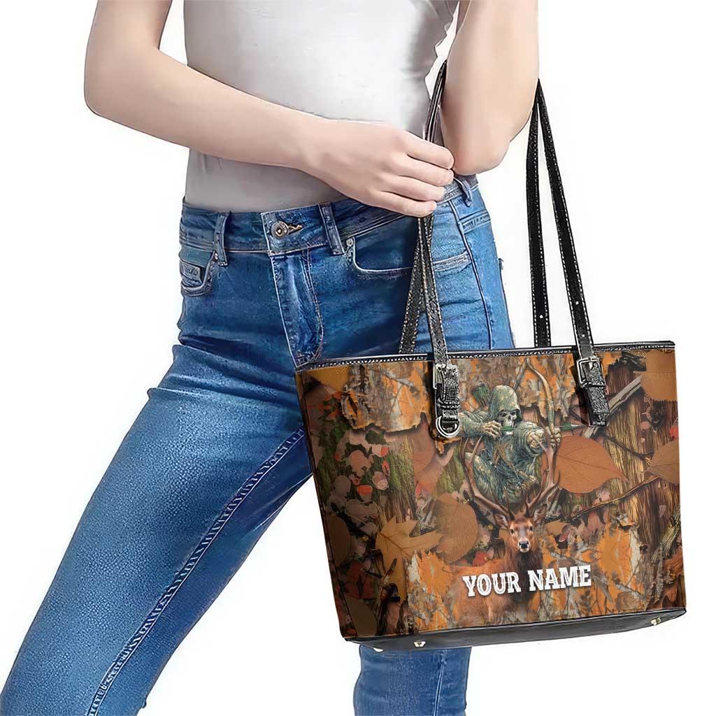 Custom Deer Hunting Leather Tote Bag Big Game Camo Forest Design and Skeleton Archer - Wonder Print Shop