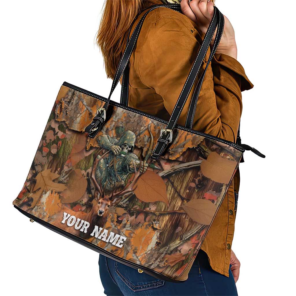 Custom Deer Hunting Leather Tote Bag Big Game Camo Forest Design and Skeleton Archer - Wonder Print Shop