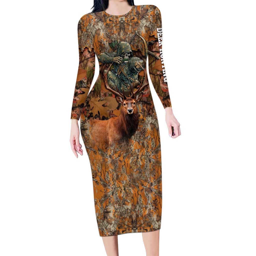 Custom Deer Hunting Long Sleeve Bodycon Dress Big Game Camo Forest Design and Skeleton Archer - Wonder Print Shop