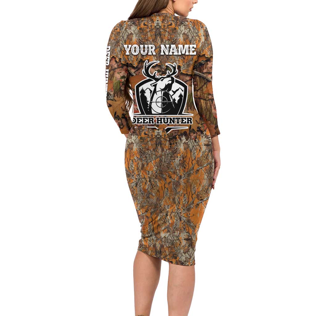 Custom Deer Hunting Long Sleeve Bodycon Dress Big Game Camo Forest Design and Skeleton Archer - Wonder Print Shop