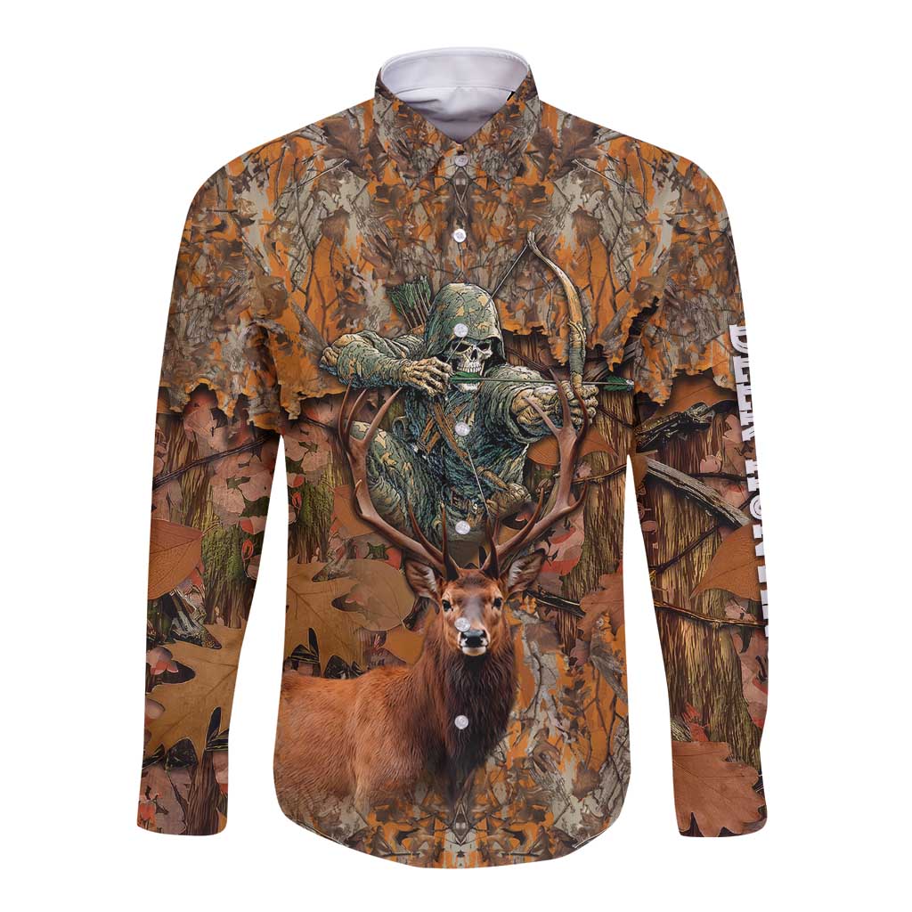 Custom Deer Hunting Long Sleeve Button Shirt Big Game Camo Forest Design and Skeleton Archer - Wonder Print Shop