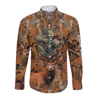 Custom Deer Hunting Long Sleeve Button Shirt Big Game Camo Forest Design and Skeleton Archer - Wonder Print Shop