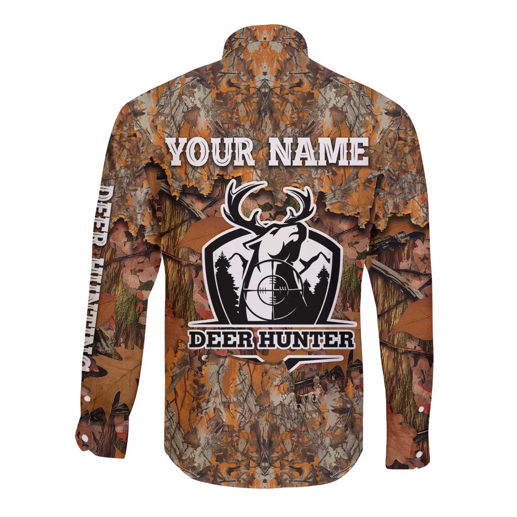 Custom Deer Hunting Long Sleeve Button Shirt Big Game Camo Forest Design and Skeleton Archer - Wonder Print Shop