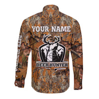 Custom Deer Hunting Long Sleeve Button Shirt Big Game Camo Forest Design and Skeleton Archer - Wonder Print Shop