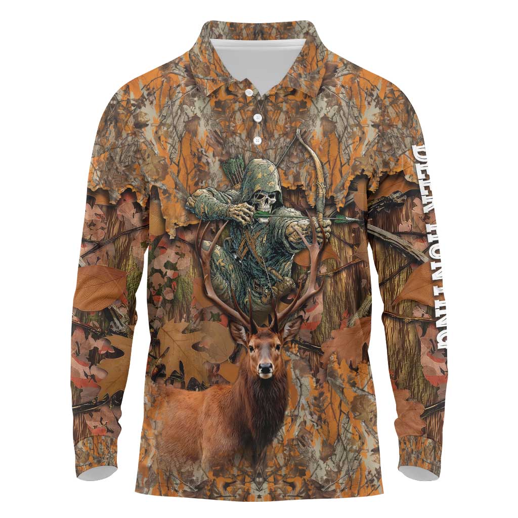 Custom Deer Hunting Long Sleeve Polo Shirt Big Game Camo Forest Design and Skeleton Archer - Wonder Print Shop