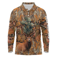 Custom Deer Hunting Long Sleeve Polo Shirt Big Game Camo Forest Design and Skeleton Archer - Wonder Print Shop