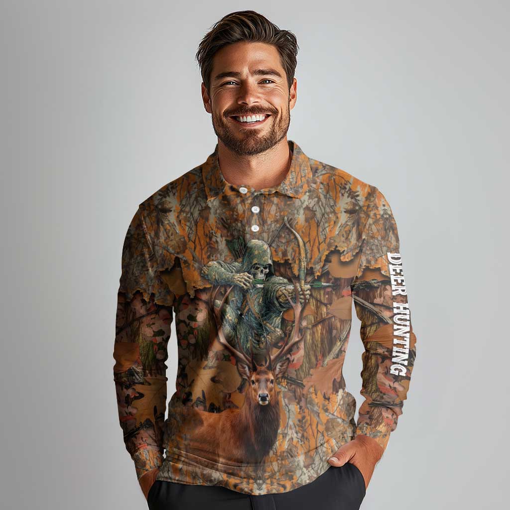 Custom Deer Hunting Long Sleeve Polo Shirt Big Game Camo Forest Design and Skeleton Archer - Wonder Print Shop