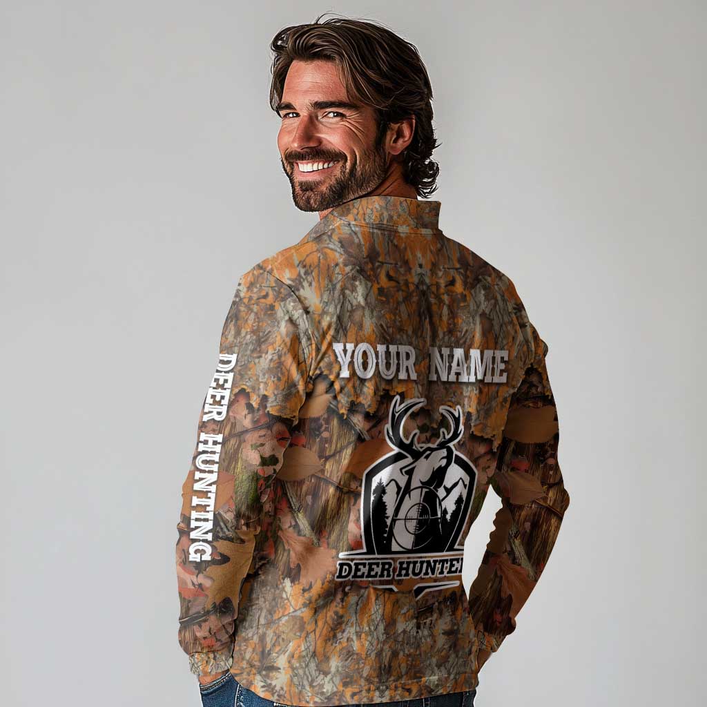 Custom Deer Hunting Long Sleeve Polo Shirt Big Game Camo Forest Design and Skeleton Archer - Wonder Print Shop