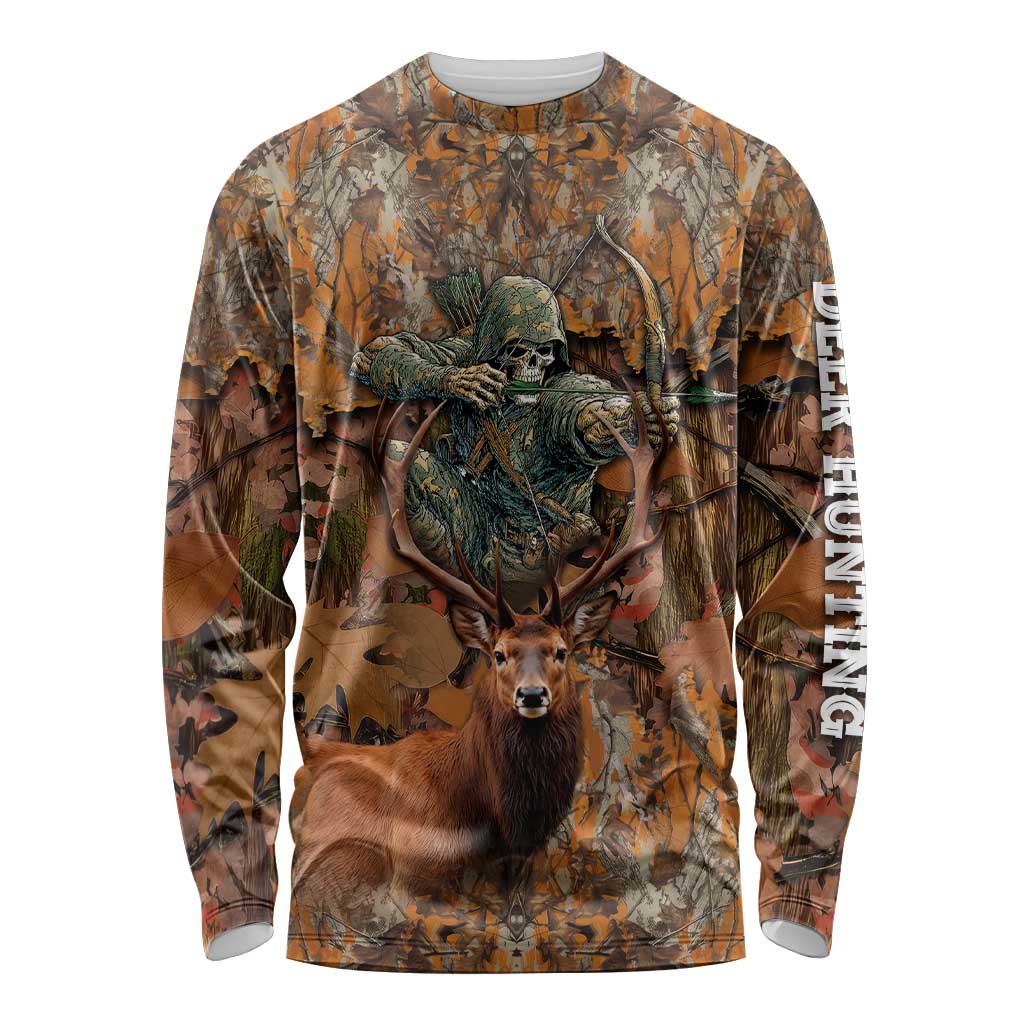 Custom Deer Hunting Long Sleeve Shirt Big Game Camo Forest Design and Skeleton Archer - Wonder Print Shop