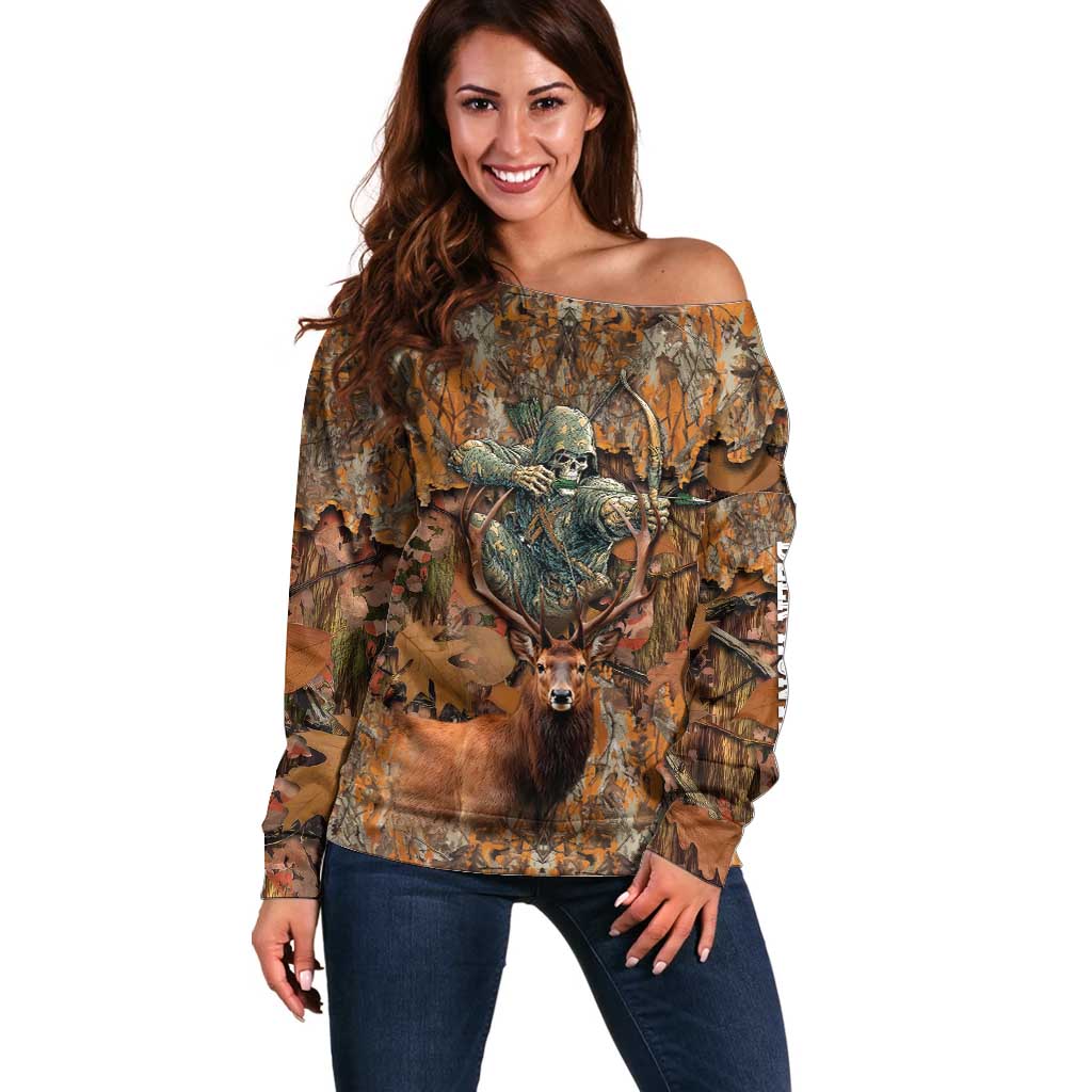 Custom Deer Hunting Off Shoulder Sweater Big Game Camo Forest Design and Skeleton Archer - Wonder Print Shop