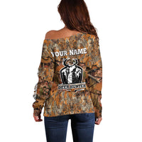 Custom Deer Hunting Off Shoulder Sweater Big Game Camo Forest Design and Skeleton Archer - Wonder Print Shop