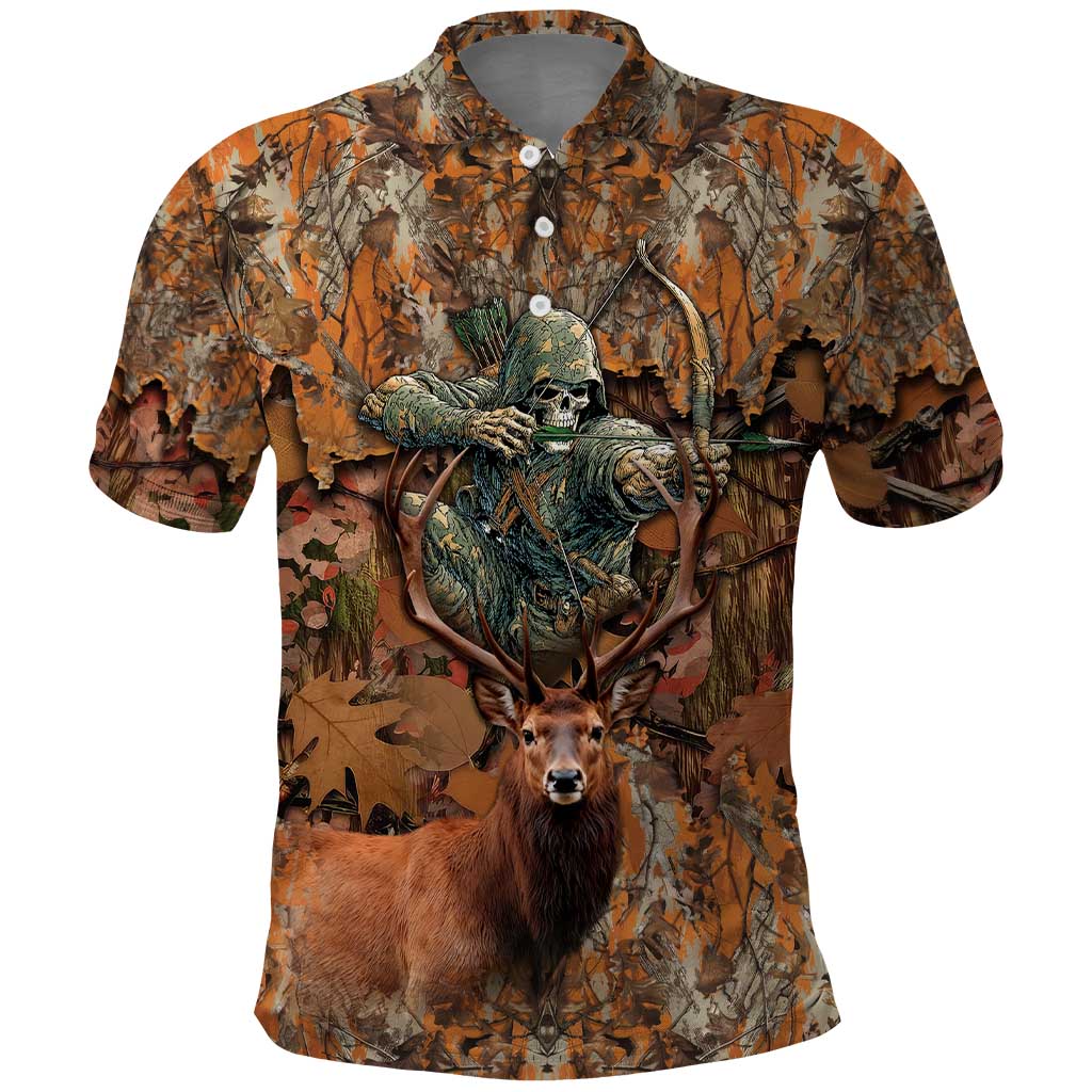 Custom Deer Hunting Polo Shirt Big Game Camo Forest Design and Skeleton Archer - Wonder Print Shop