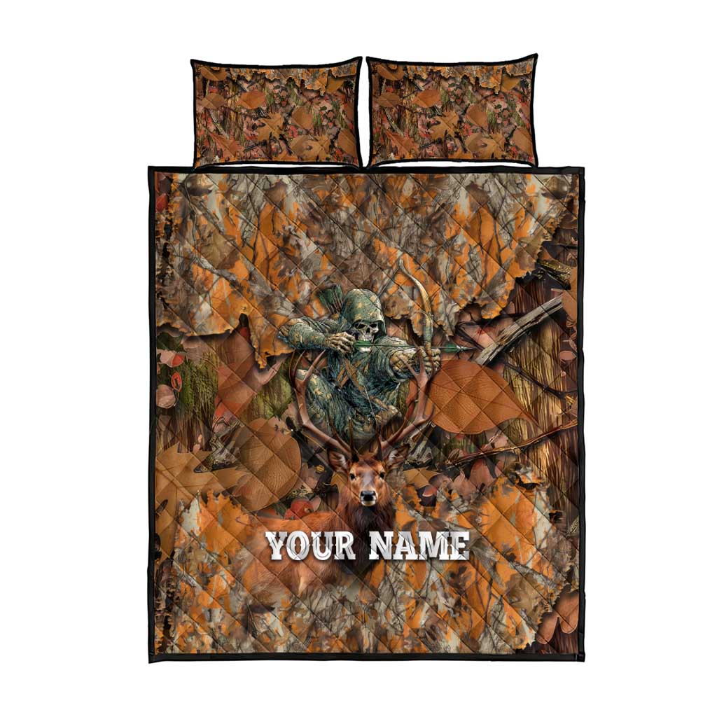 Custom Deer Hunting Quilt Bed Set Big Game Camo Forest Design and Skeleton Archer - Wonder Print Shop