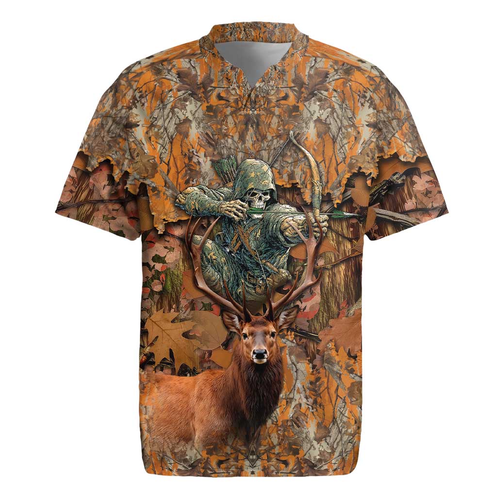 Custom Deer Hunting Rugby Jersey Big Game Camo Forest Design and Skeleton Archer - Wonder Print Shop