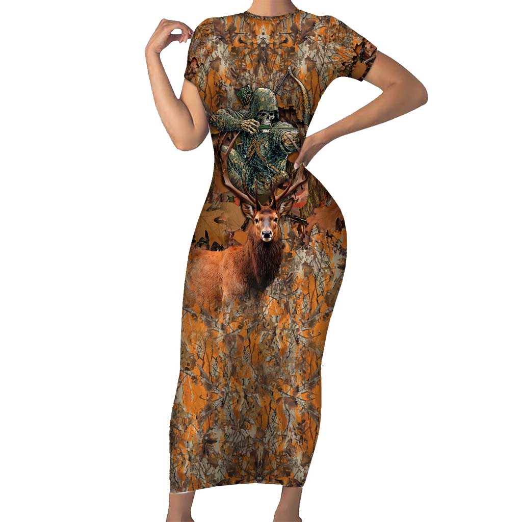 Custom Deer Hunting Short Sleeve Bodycon Dress Big Game Camo Forest Design and Skeleton Archer - Wonder Print Shop