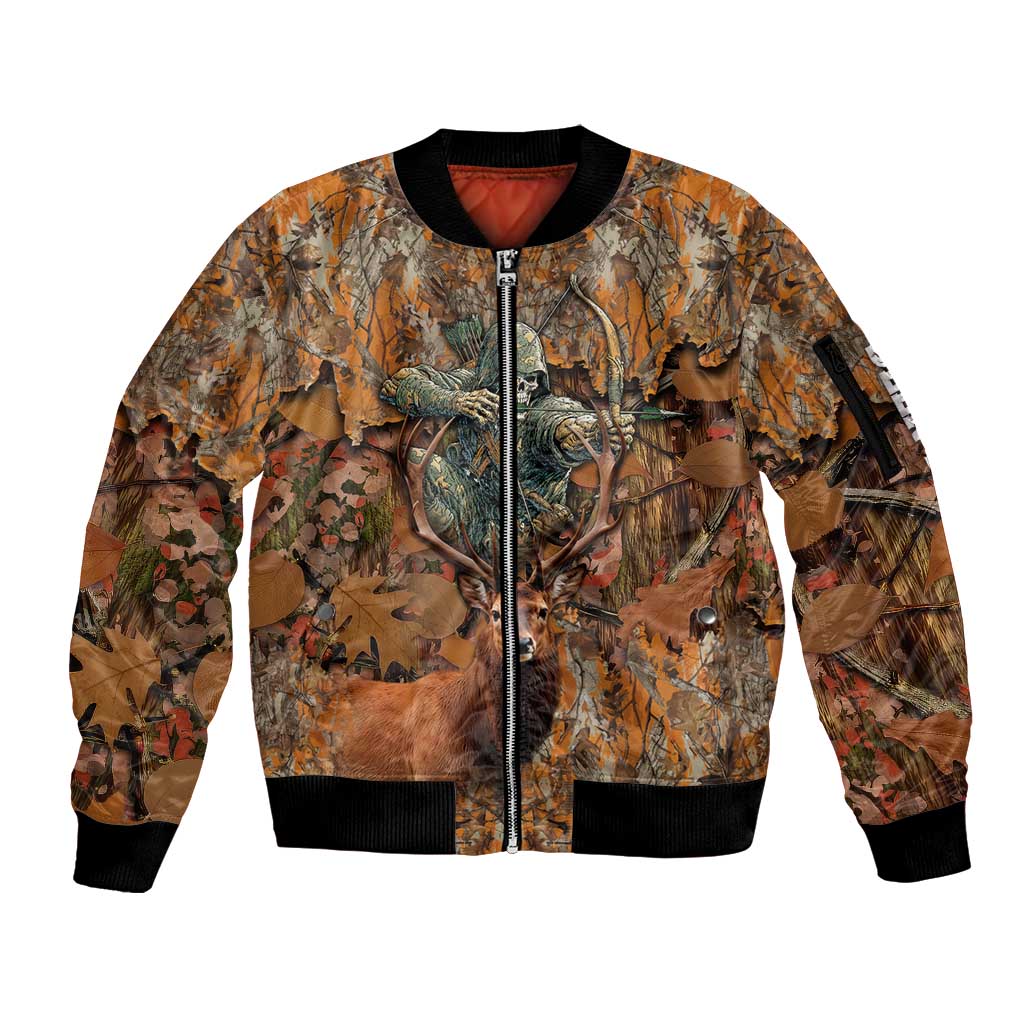 Custom Deer Hunting Sleeve Zip Bomber Jacket Big Game Camo Forest Design and Skeleton Archer - Wonder Print Shop